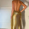 Glitter Metal Sequins Halter Cowl Neck Open Back Slit Evening Gown for Women Sparkling Rave Nightclub Bodycon Long Dress