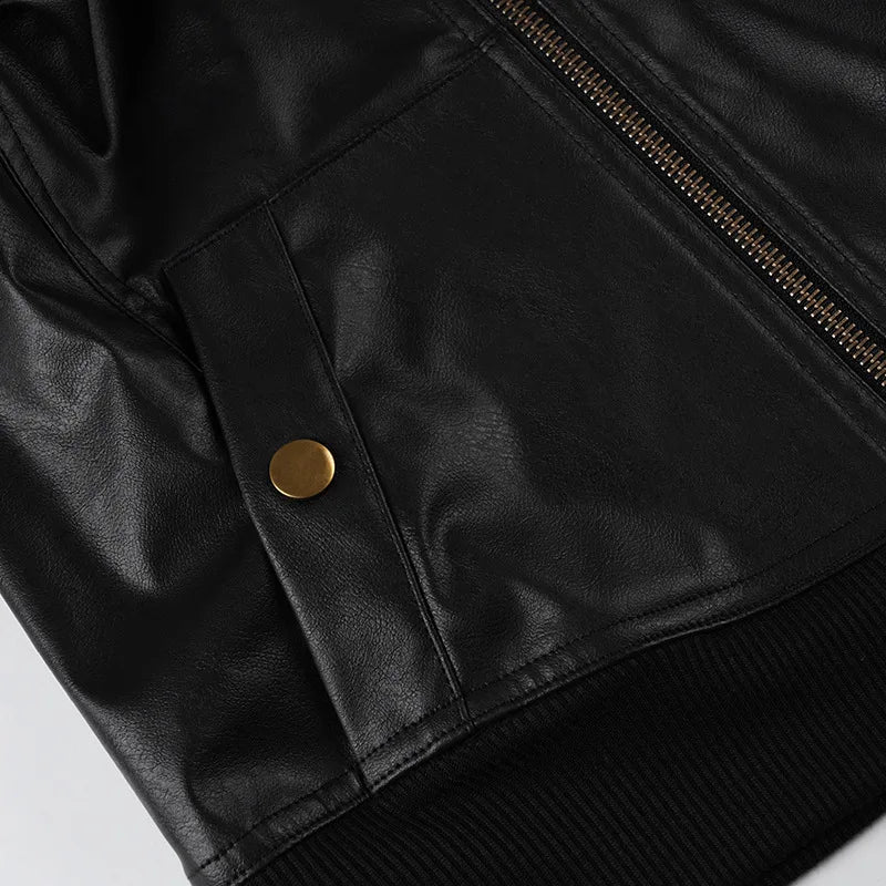 Street style waist cinched short stand up collar PU leather spicy girl zipper cardigan casual jacket