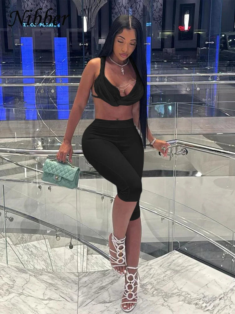 Nibber Sexy See Through Women 2 Piece Set Summer Trend Mesh Thin Whip Halter Tank Tops+Wide Waist Shorts Matching Street Outfits