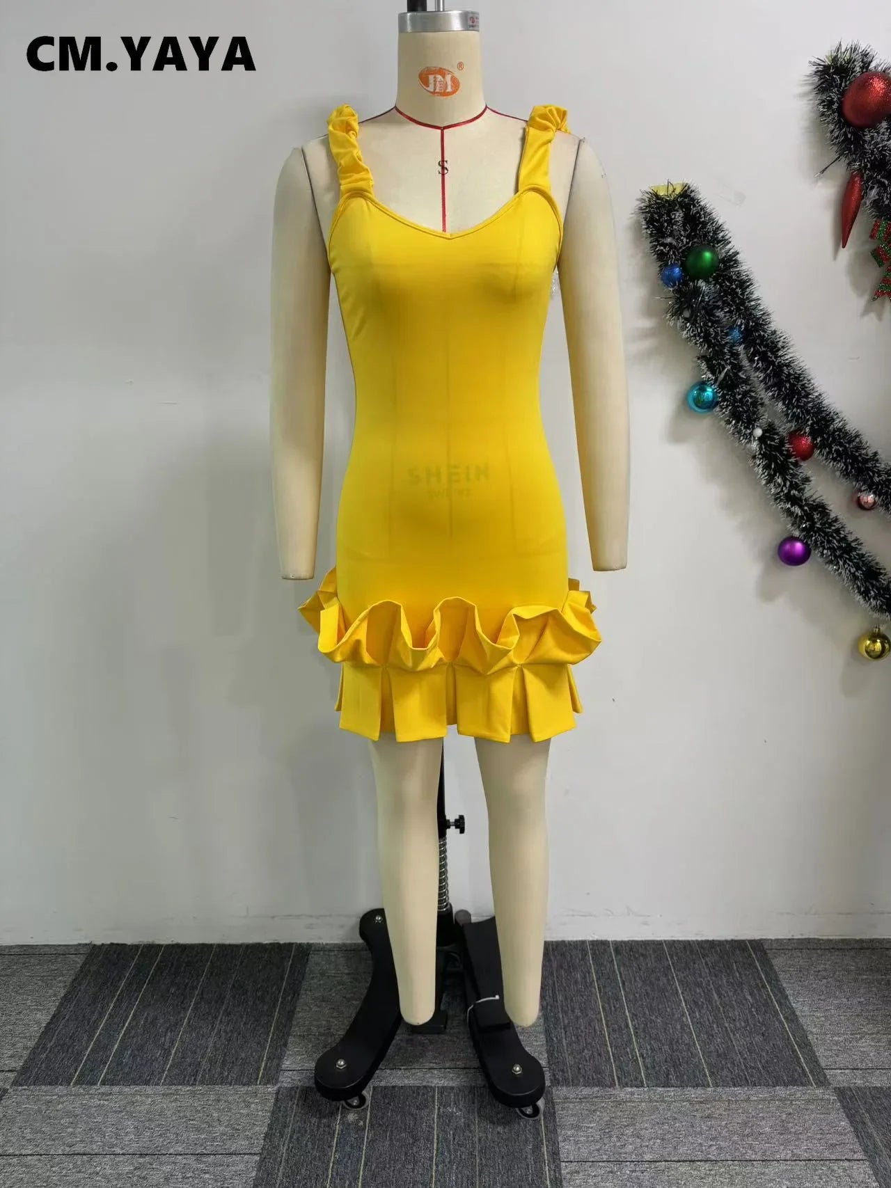 CM.YAYA Women Spaghetti Strap Sleeveless V-neck Mini Dress 2025 Summer Ruched Stacked Party Evening Night Club Chic Dresses