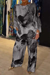 Casual Sets for Women 2 pieces Summer Fashion Printed Satin Two Piece Sets Women Sexy Round Neck Top+Wide Leg Long Pants Outfits