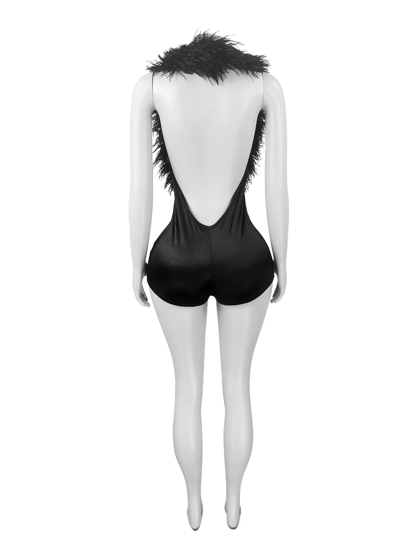 Joskaa 2025 Summer Women's Sexy Faux Fur Patchwork Halter Deep V Backless Skinny Playsuits Holiday Midnight Club Rompers S-XXL