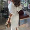 Elegant White Dress Women Summer Off Shoulder Cape Design Splicing Skinny Dress Party Vestidos Woman Evening Party Dresses White