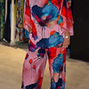 Casual Sets for Women 2 pieces Summer Fashion Printed Satin Two Piece Sets Women Sexy Round Neck Top+Wide Leg Long Pants Outfits