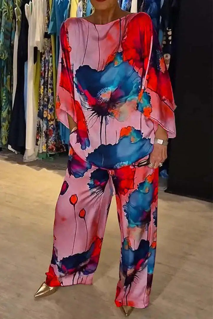 Casual Sets for Women 2 pieces Summer Fashion Printed Satin Two Piece Sets Women Sexy Round Neck Top+Wide Leg Long Pants Outfits