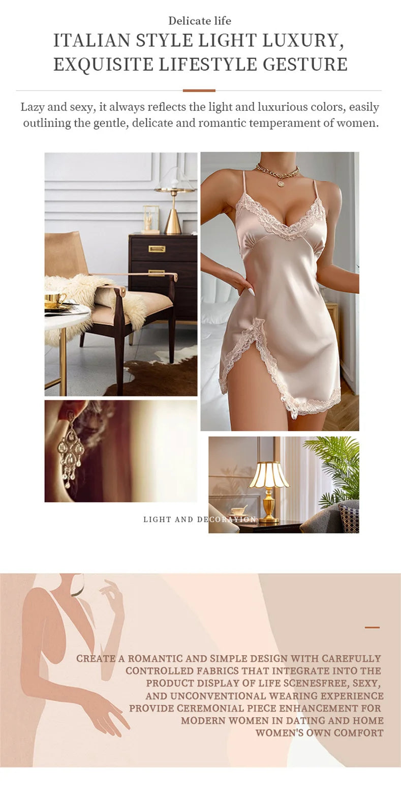 Silk Satin Lace Women Nightgown Sleeveless Cross Back Sleepwear Solid Color Deep V Neck Side Split Pajama Home Dress