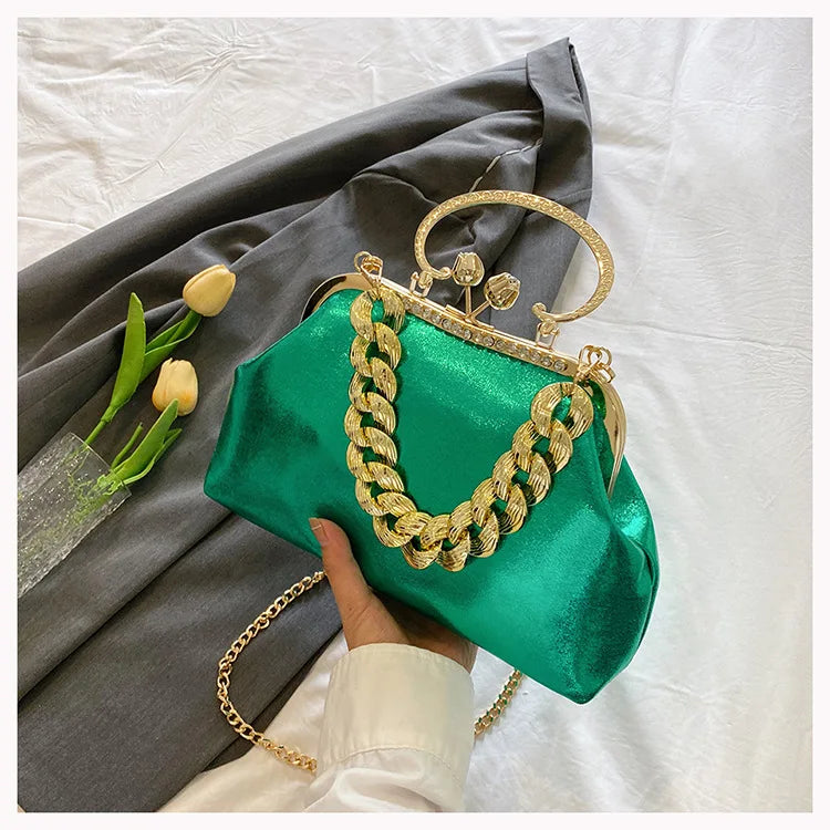 2024 Luxury Women Gold Green Chain Messenger Bags PU Leather Shoulder Bags Shell Clip Designer Handbag And Purse Wedding Clutch