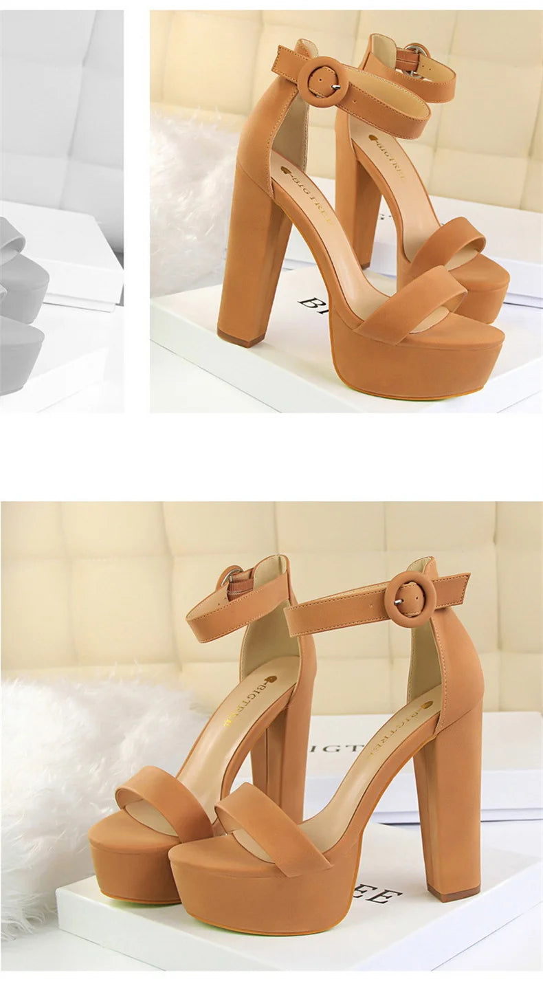 Fashion Women Pumps Sandals Summer Platform Belt Buckle Strap PU Square Heel Outdoor Korean Style Black Open Toe Grace 1550-1