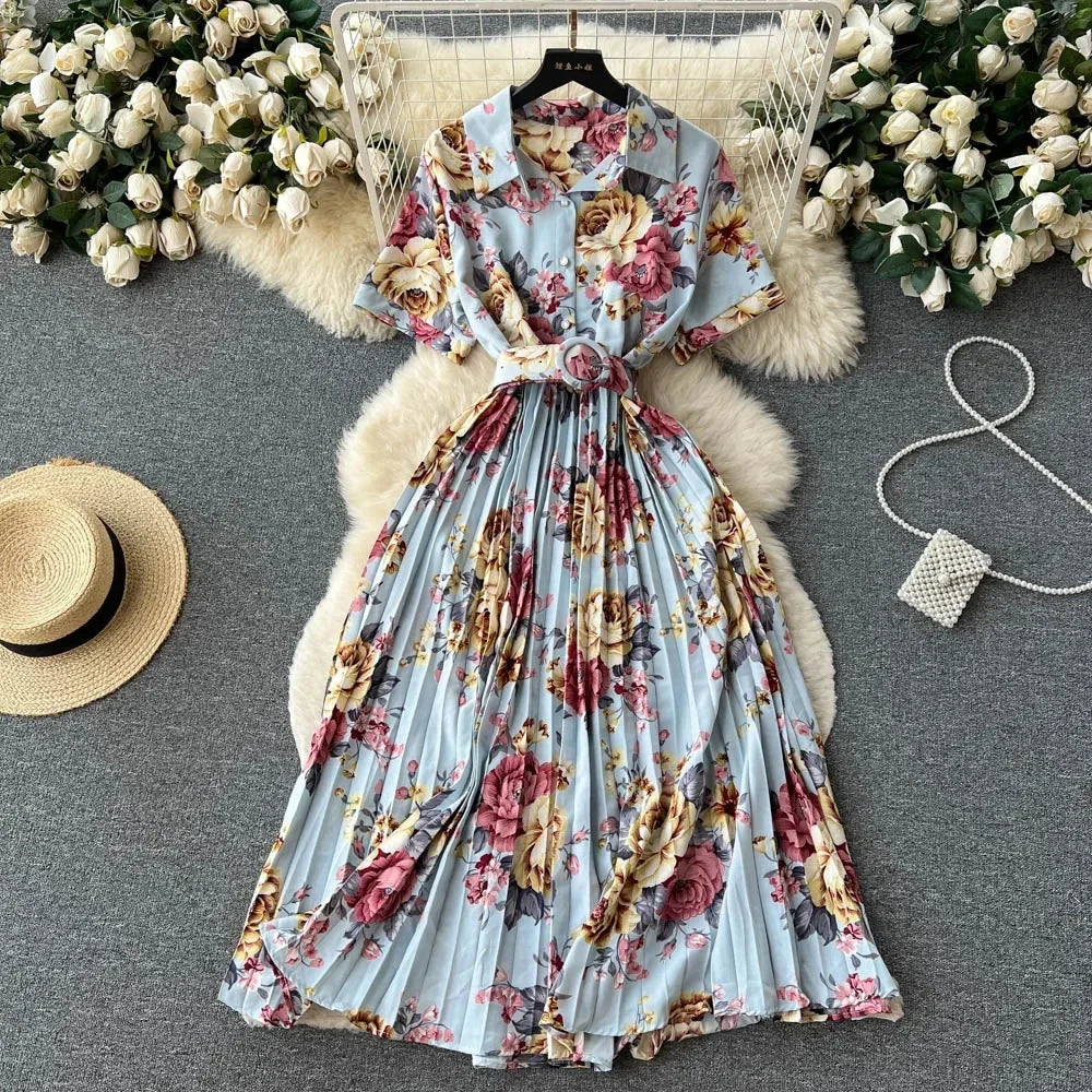2024 Summer Women Floral Pleated Dress Vintage Turn-Down Collar Short Sleeve Single Breasted Printed Draped Midi Vestidos New