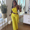FAGADOER Sexy Ruched Patchwork Bodycon Jumpsuits for Woman Halter Sleeveless Wide-leg Romper Female Streetwear Overalls 2025 New