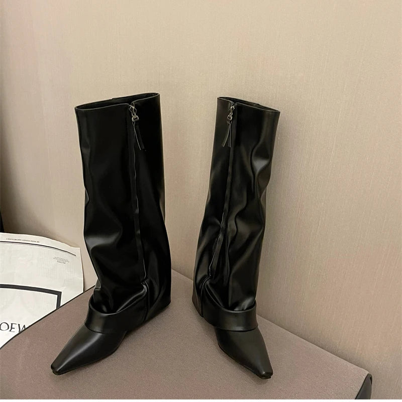 Designer Women Trouser Legs High Boots Fashion Side Zippers Long Boots Thick High Heels Autumn Winter Ladies Shoes