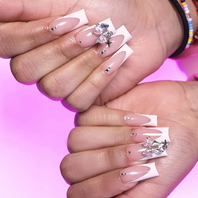 24pcs Long Ballet French Press on Nails with Cute Pink Bow Shiny Diamond Decor False Nail Tips Wearable Sweet Korean Fake Nails