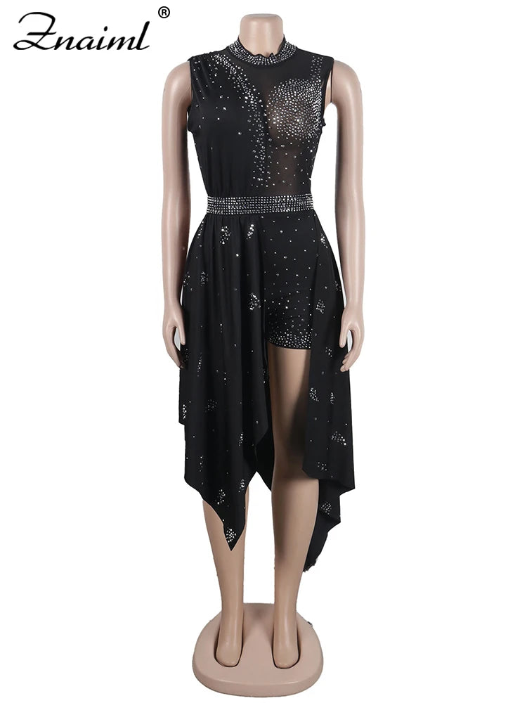 Znaiml Sexy Nightclub One Piece Outfit Romper Playsuit Women Birthday Diamonds Rhinestones Mesh Streamer Side Irregular Jumpsuit