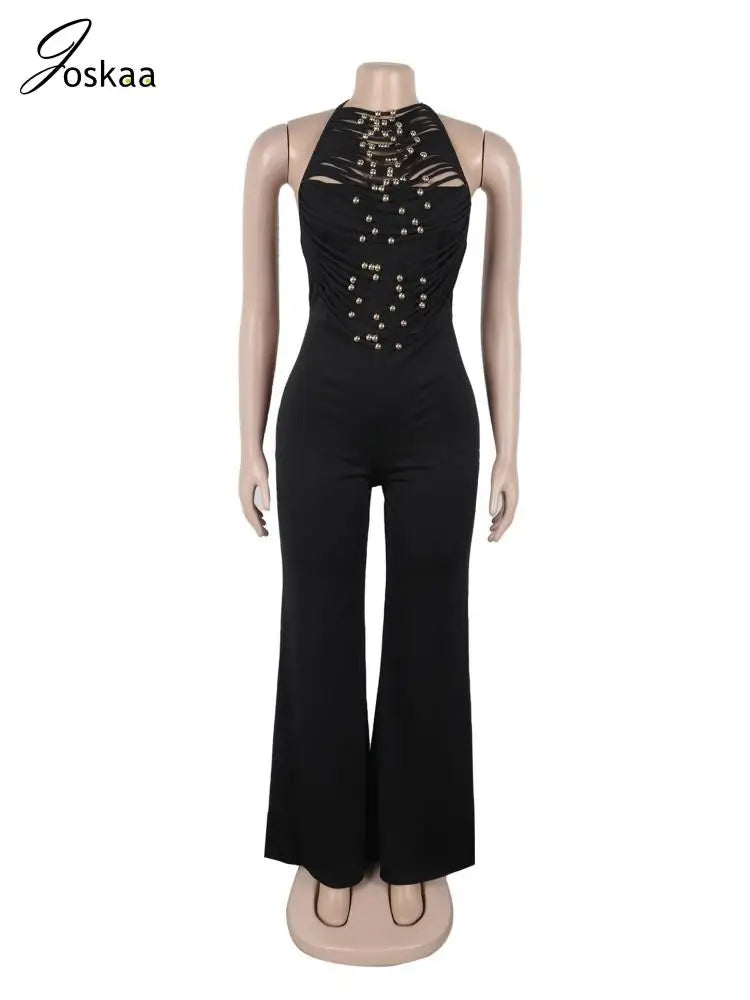Joskaa 2025 Summer Elegant Hollow Halter Lace-Up Jumpsuits Women Hipster Sexy Backless Skinny One Piece Rompers Party Clubwear