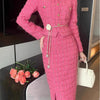 Modphy Autumn Fashion Rose Red Woolen Two Piece Set Women Golden Button Chain Belt Tweed Short Jacket Coat+Split Midi Skirt Suit