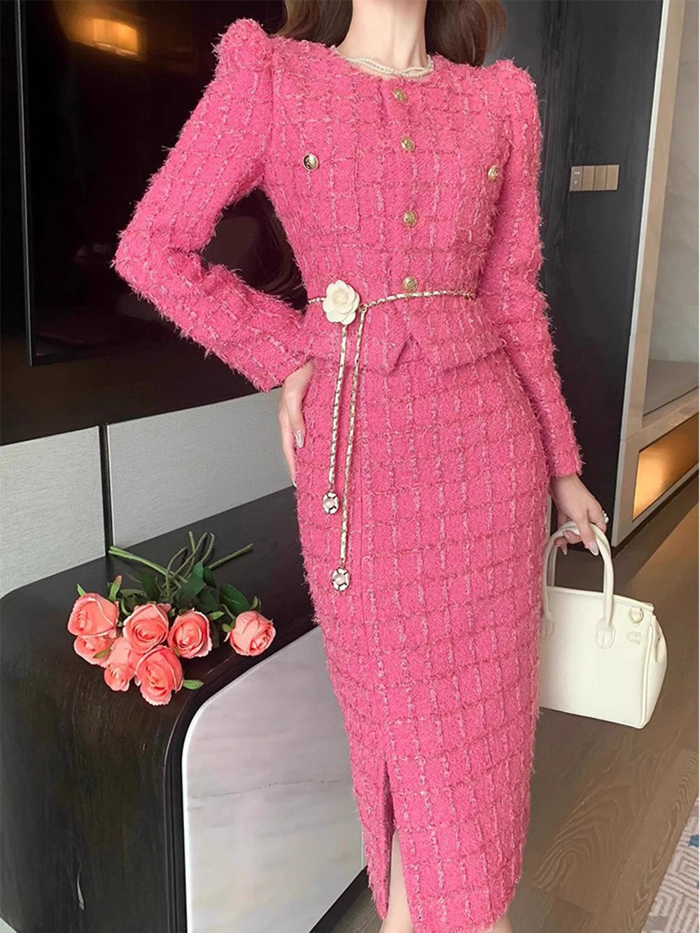 Modphy Autumn Fashion Rose Red Woolen Two Piece Set Women Golden Button Chain Belt Tweed Short Jacket Coat+Split Midi Skirt Suit