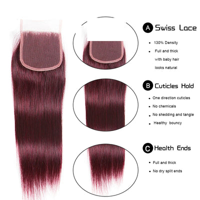 HairUGo Brazilian 99J 4x4 Straight Hair Closure 4*4 Lace Closure 10''-20'' 100% Human Hair Lace Closure With Baby Hair Remy Hair