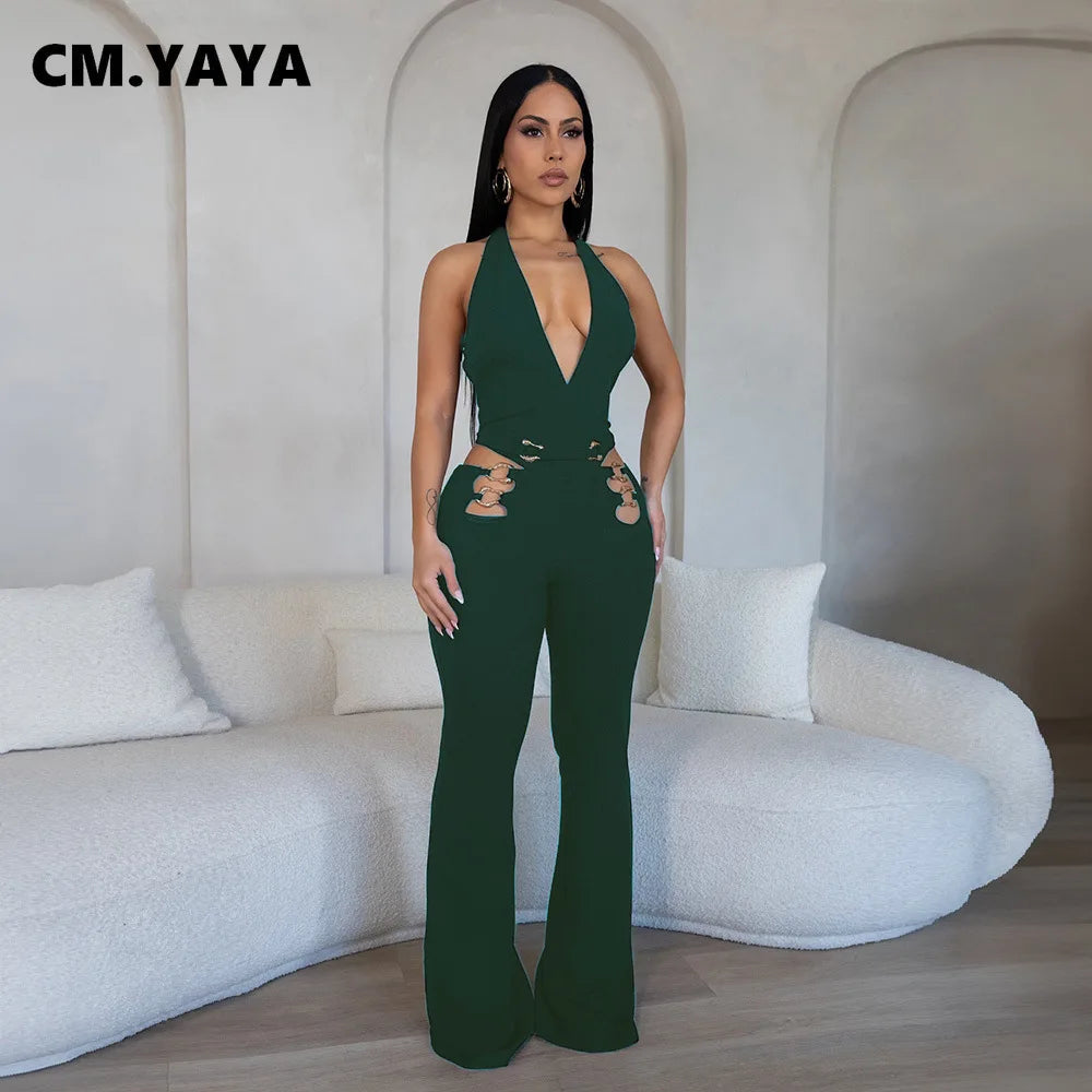 CM.YAYA Women V-Neck Backless Straight Sleeveless Flare Jumpsuits 2025 Summer Hollow Out Sexy One Piece Set Streetwear Outfits