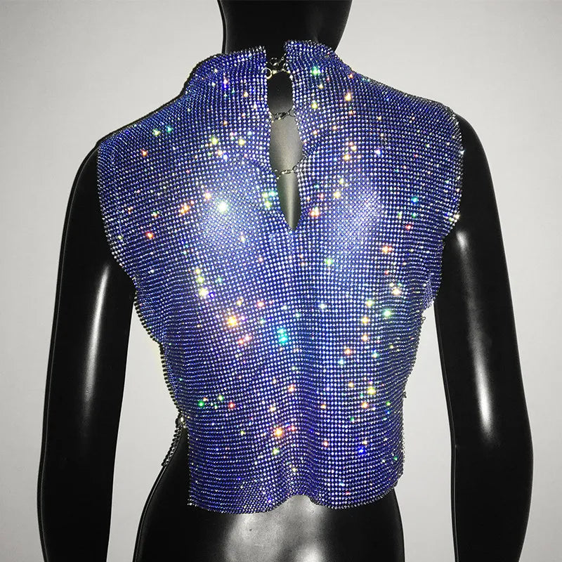 Sexy Rhinestone Backless Party Crop Top Women Glitter Turtleneck TShirt Adjustable Metal Chain Summer Nightculb Diamond Tank Top