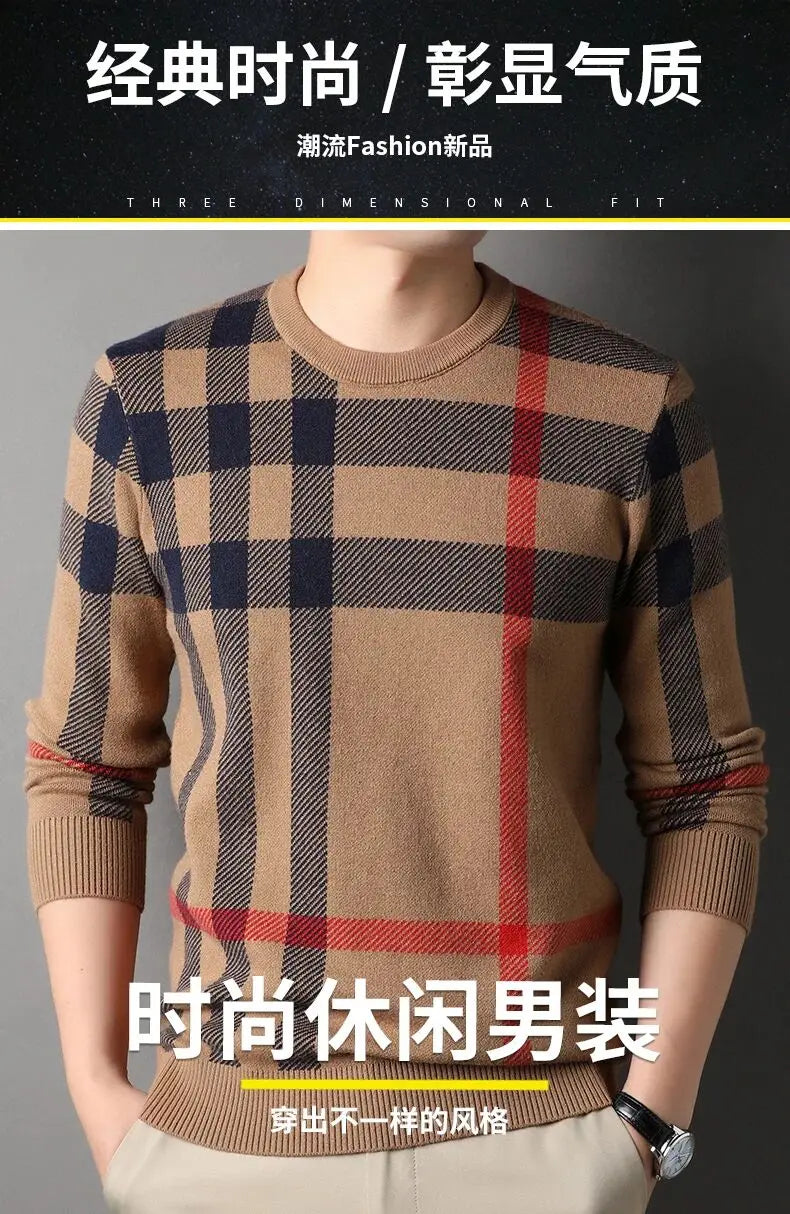 High Quality Luxury Men's Knitted Pullover Autumn Winter O-Neck Striped Wool Sweater British Casual Fashion Versatile Knitwear