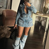 FAGADOER Fashion Button Long Sleeve Denim Mini Dress Women Turndown Collar Pocket with Leg Cover Clothing Female Cowboy Vestidos