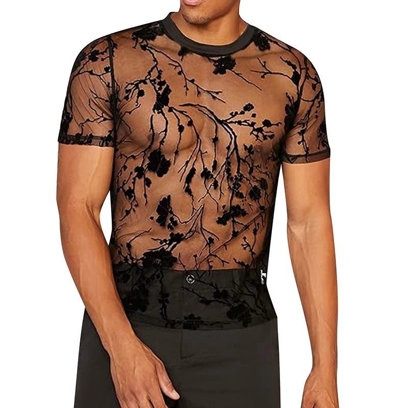 Summer Men's Clothing Mesh Lace Knit T-shirt Streetwear Hollow-Out O Neck Sweater Short Sleeve Tees Rose Printed Luxury Knitwear