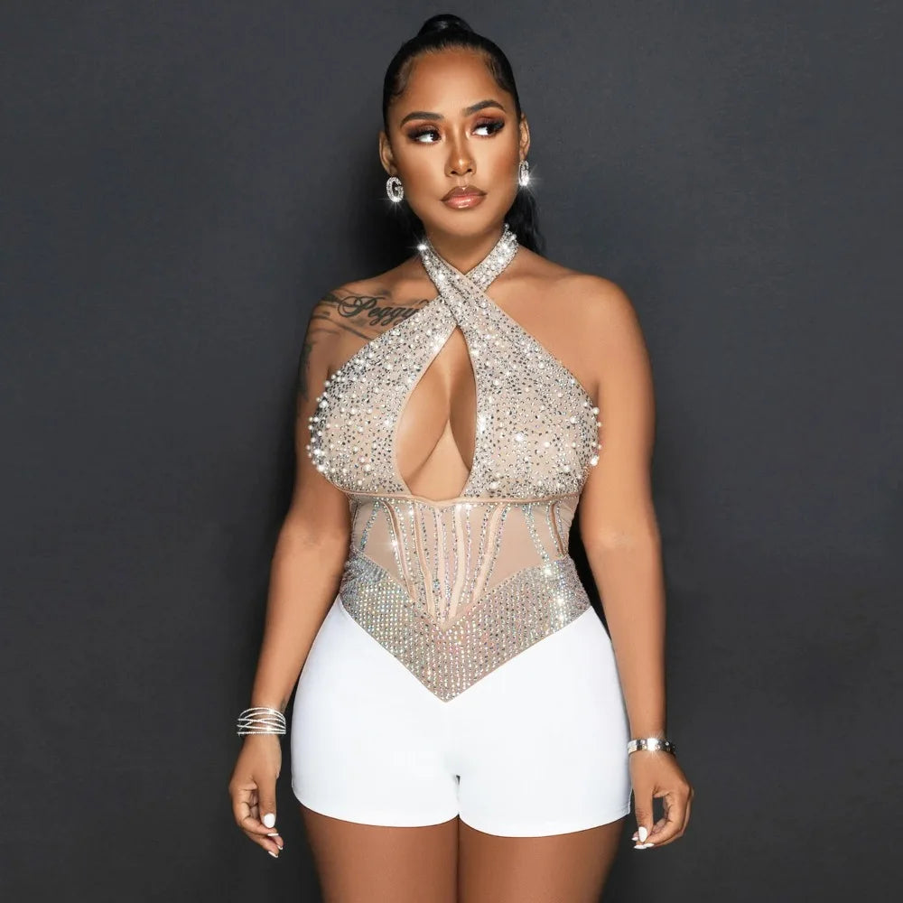 HLJ Gold Woman Evening Party Outfits Rhinestone Crystal Luxury Jumpsuits Women Corset Patchwork Bodycon Rompers Elegant Sexy