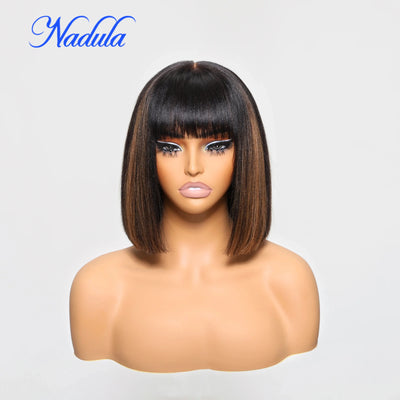 Nadula Hair Short Bob Wigs With Bangs Yaki Straight Short Bob Highlight Balayage Color Wig 4X2 T Part Lace 100% Human Hair Wigs