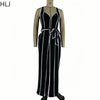 HLJ Elegant Stripe Patchwork Jumpsuits Women Halter Sleeveless Bow Belted Wide Legs Rompers Female Night Clubwear Overalls New