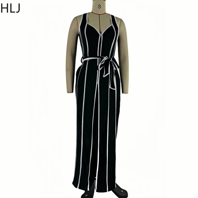 HLJ Elegant Stripe Patchwork Jumpsuits Women Halter Sleeveless Bow Belted Wide Legs Rompers Female Night Clubwear Overalls New
