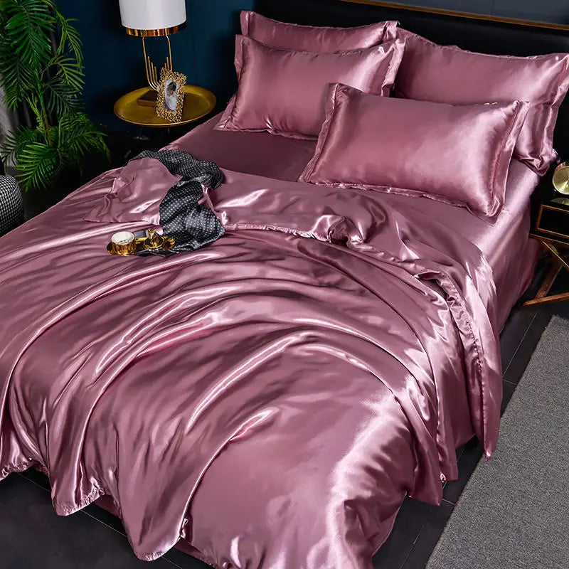Nordic Satin Silk Bedding Set with Duvet Cover Bed Sheet Pillowcases Luxury Solid Single Double Couple Pillow Case Bedsheet