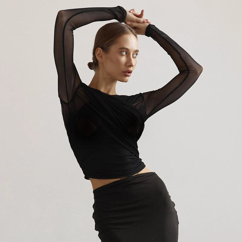 CUTENOVA Chic Design Cross Neck Crop Top Solid Color Mesh See Through Sexy Pleated Long Sleeve Elegant T-Shirt For Women Casual