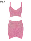 BEAUKEY Quality 2 Piece Set Shinny Metallic Rose Gold Bodycon Top & Skirt  New Mini Short Sexy Party Night Club Set