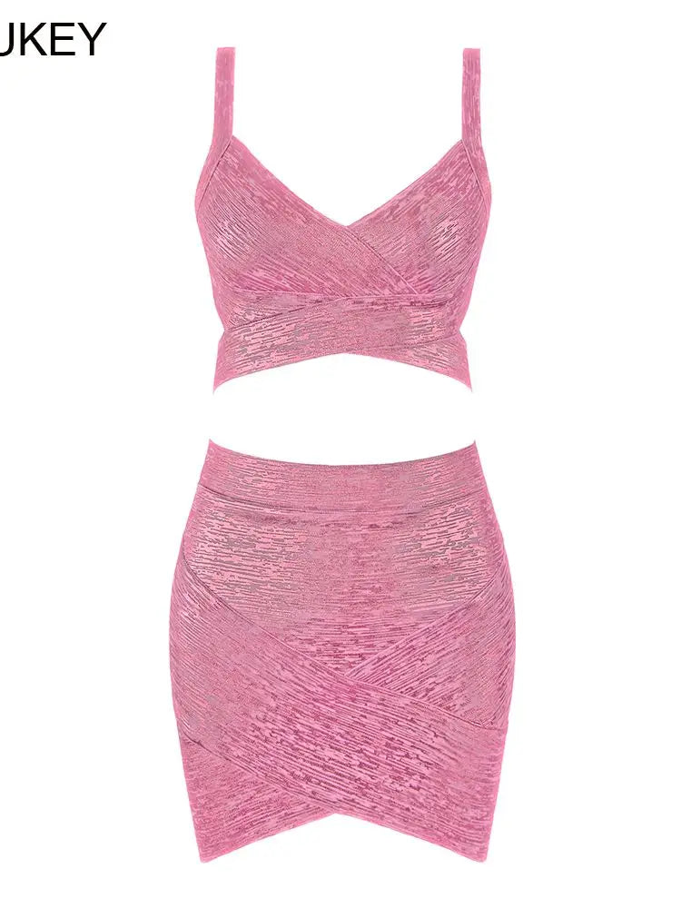 BEAUKEY Quality 2 Piece Set Shinny Metallic Rose Gold Bodycon Top & Skirt  New Mini Short Sexy Party Night Club Set