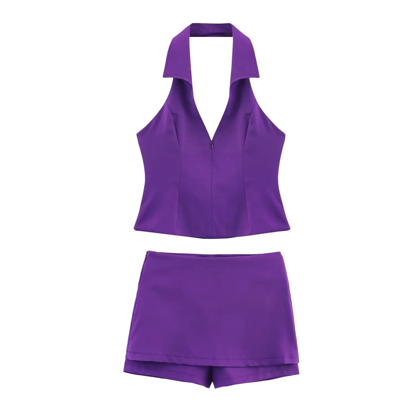 HH Women Pink 2 Piece Set Sexy V-Neck Sleeveless Backless Suspender Zipper Top+High Waist Back Pocket Mini Skirts Shorts Y2K