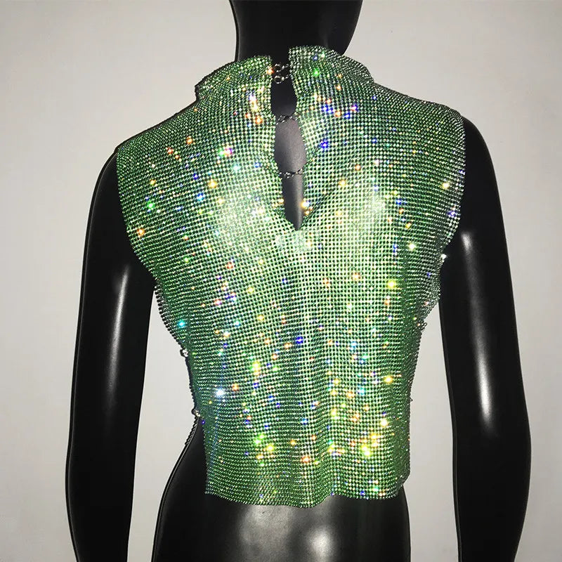 Sexy Rhinestone Backless Party Crop Top Women Glitter Turtleneck TShirt Adjustable Metal Chain Summer Nightculb Diamond Tank Top