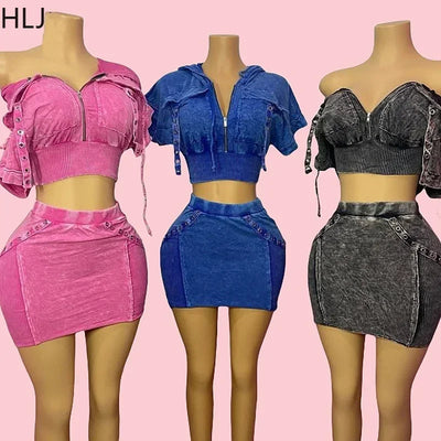 HLJ&GG Fashion Pocket Cargo Hooded Two Piece Sets Women Zip Slim Crop Top And Mini Skirts Outfits Female Washed 2pcs Streetwear