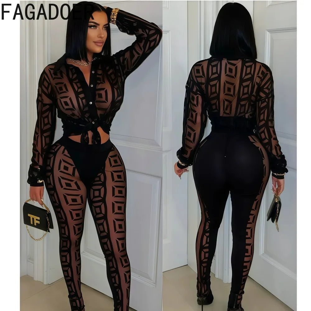 FAGADOER Sexy Mesh Women 2 Piece Set Outfit See Through Long Sleeves Crop Top + Skiny Pants Suits Female Streetwear Clothing New