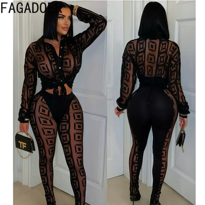 FAGADOER Sexy Mesh Women 2 Piece Set Outfit See Through Long Sleeves Crop Top + Skiny Pants Suits Female Streetwear Clothing New