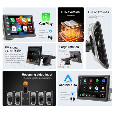 7" Screen Car Monitor Radio Wireless Carplay Android-Auto Bluetooth FM Transmitter Touch Screen Multimedia Video Player B500W