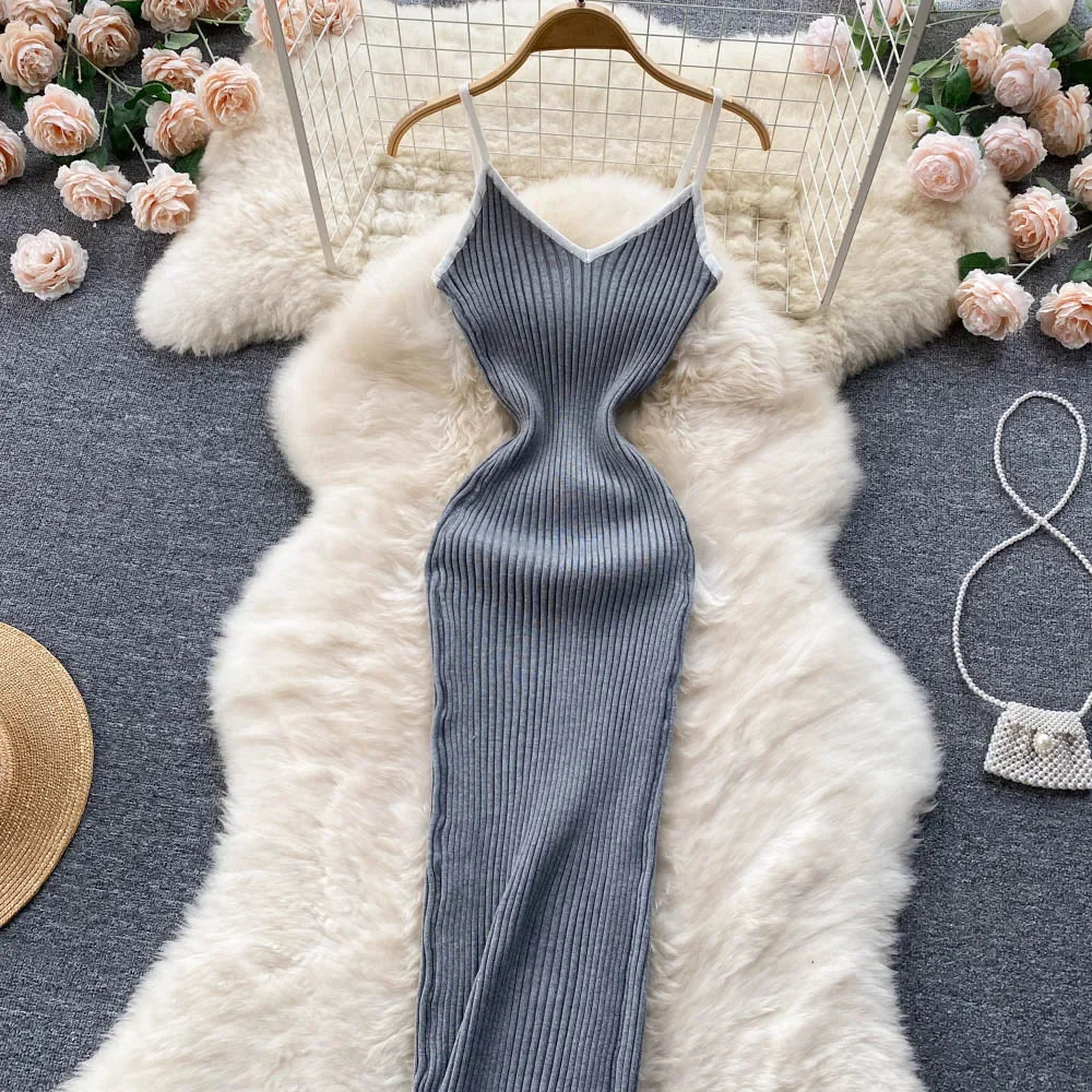 Summer V Neck Knit Sexy Strap Dress Women Elatic Waist Bodycon Sundress Female Beach Backless Maxi Long Dress