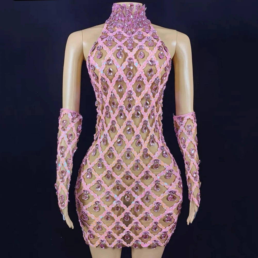 High Quality Sparkling Rainestone Sexy Bodycon Mini Dress Birthday Celebrate Evening Party Dress