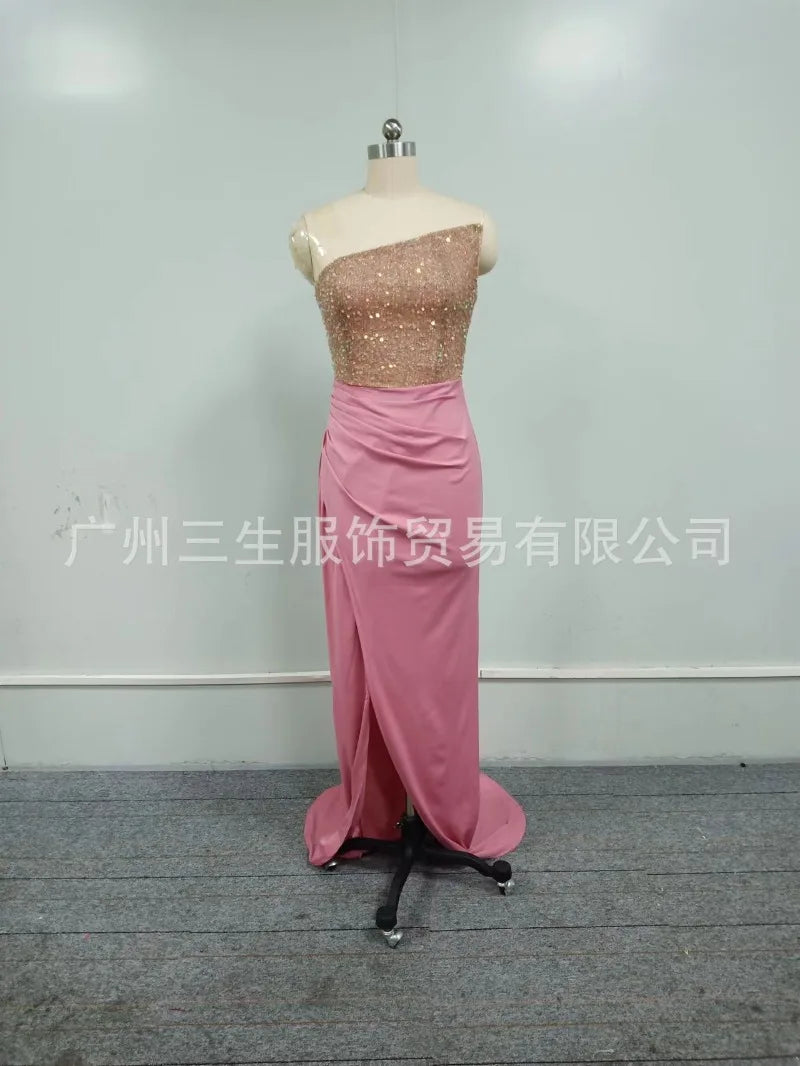 2025 Women Strapless Sleeveless Evening Dress Sequined Side Split Long Dresses Elegant New Sexy Bling Party Prom Vestidos Ladies