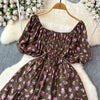 2024 New Summer Flower Print Long Dress Women Vintage Square Neck Ruched Chest Sash Bandage Sundress Party Vestidos