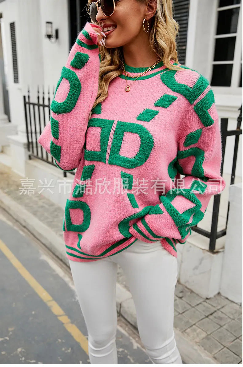 Knitted Sweaters Women 2023 Spring/Autumn Round neck Letter  Embroidery Pullovers Top Temperament casual warm Tee contrast color