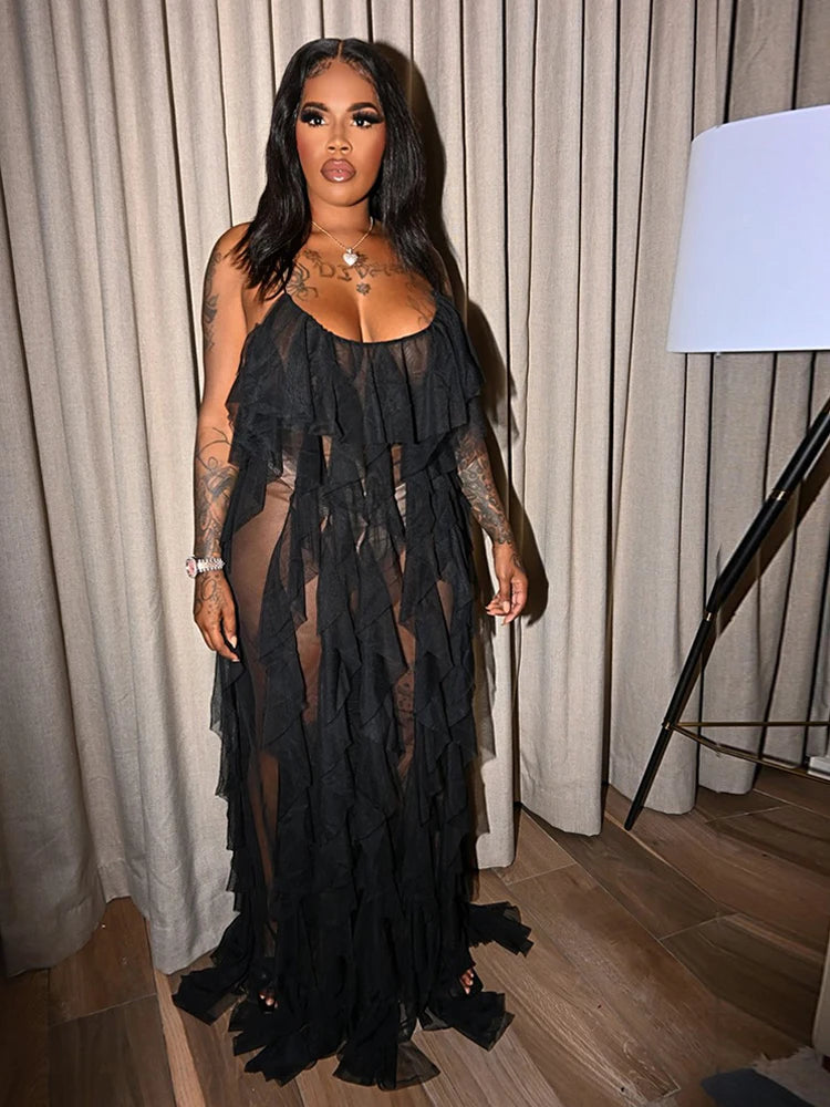 Chic and Elegant Summer Dress Women Halter Sexy Birthday Dress Transparent Mesh Backless Maxi Dress Wholesale Dropshipping