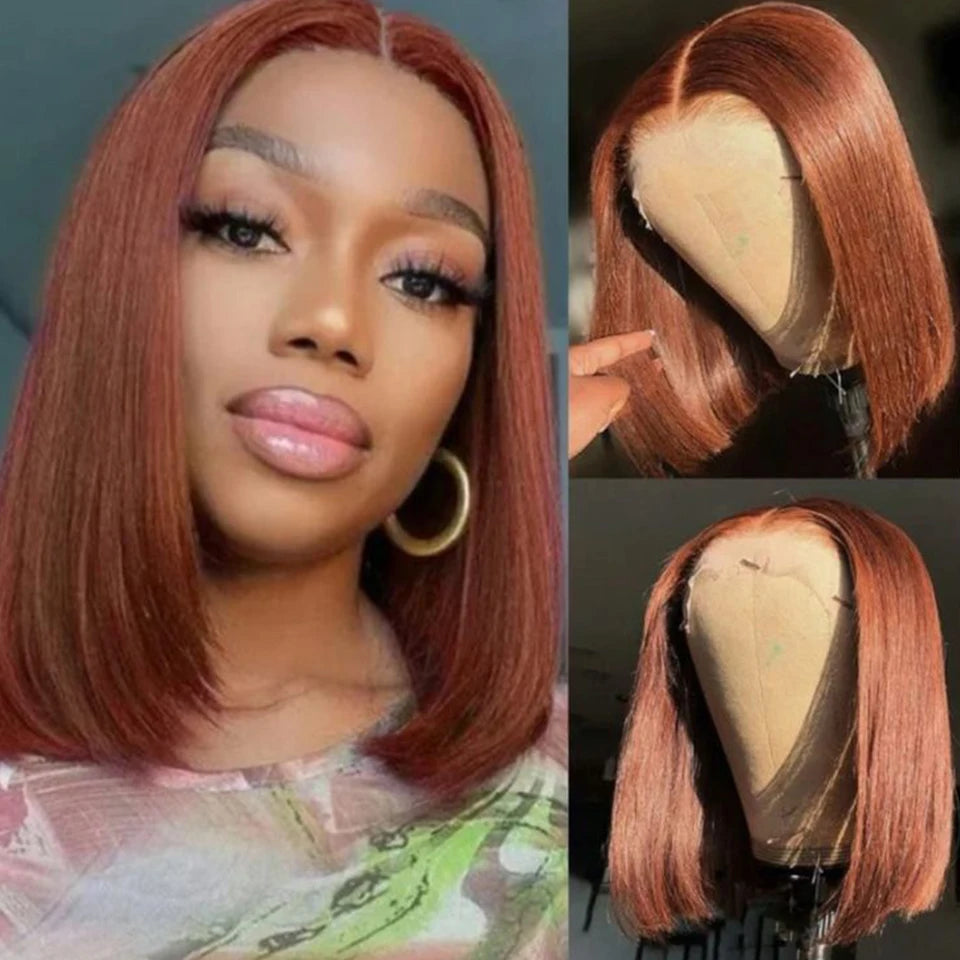 Short Brown Color Bob Wig Peruvian Straight Lace Front Human Hair Wigs For Women #33 Reddish Brown 13*6*1 T Lace Part Wig