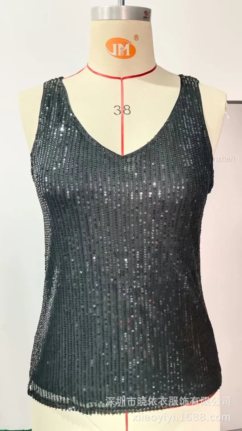 Women's Summer New Item Solid Color Fashion Sequin Light Mature Sexy V-neck Sleeveless Camisole Vest Pullover Top