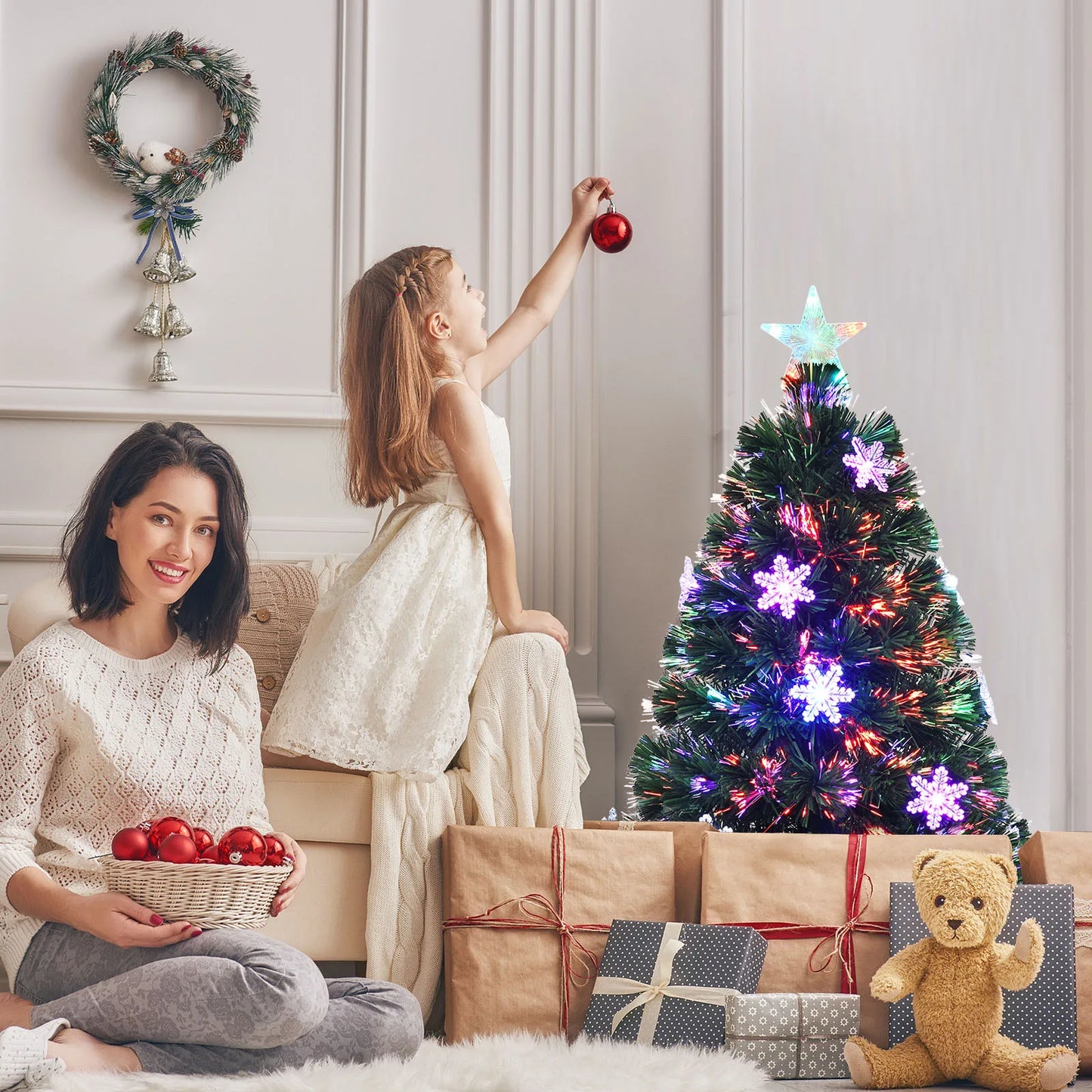 3/ 4/ 5/ 6 FT Fiber Optic Artificial Christmas Tree Pre-Lit Christmas Tree, Xmas Full Tree, Xmas Holiday Decor for Office, Home