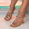 Liyke Sexy Crystal Chain Ankle Strap Gold Sandals Women High Quality Gem Narrow Band Square Toe Low Thin Heels Wedding Prom Shoe